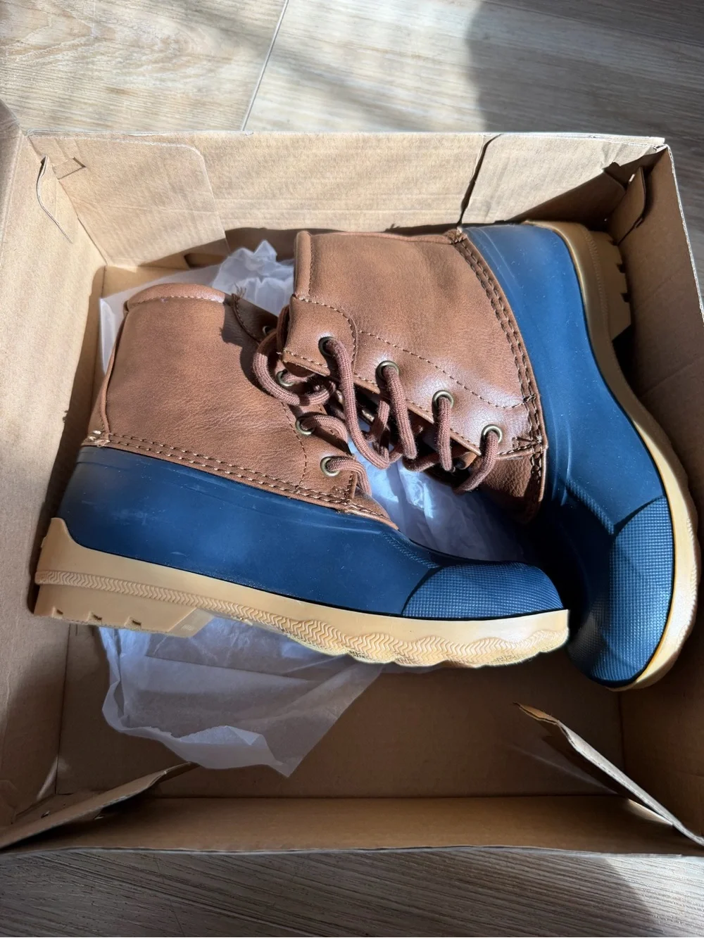 Sperry Kids Brown Leather and Navy Blue Duck Boots